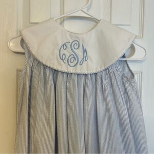Blue and White Striped Seersucker Dress with Monogram cSm